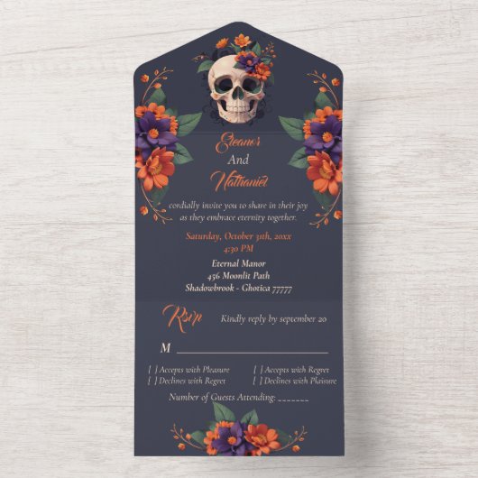 Elegant Gothic 3D Floral Skull Hochzeit All In One Einladung (Innen Boden)
