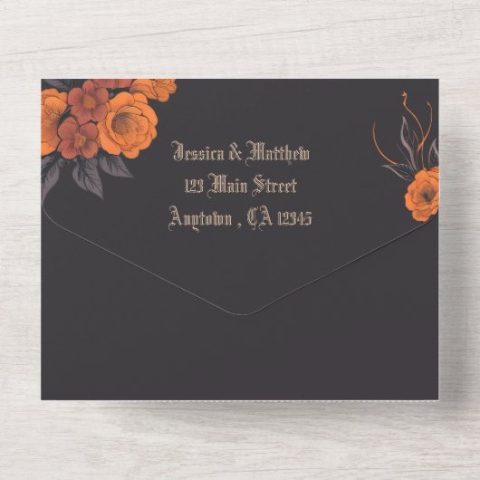 Elegant Gothic 3D Floral Skull Hochzeit All In One Einladung (Rückseite)