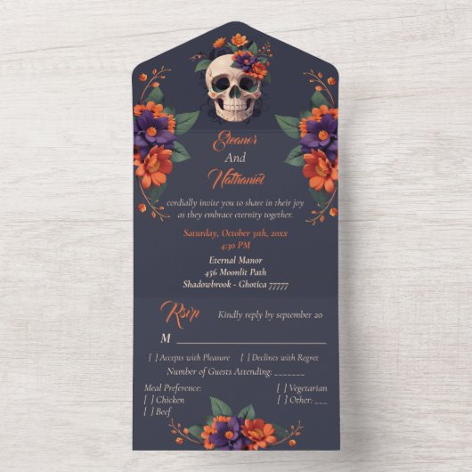 Elegant Gothic 3D Floral Skull Hochzeit All In One Einladung (Innen Boden)