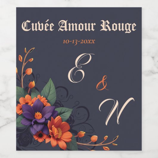 Elegant Gothic Floral Minimal Monogram Hochzeit Weinetikett (Einzelnes Label)