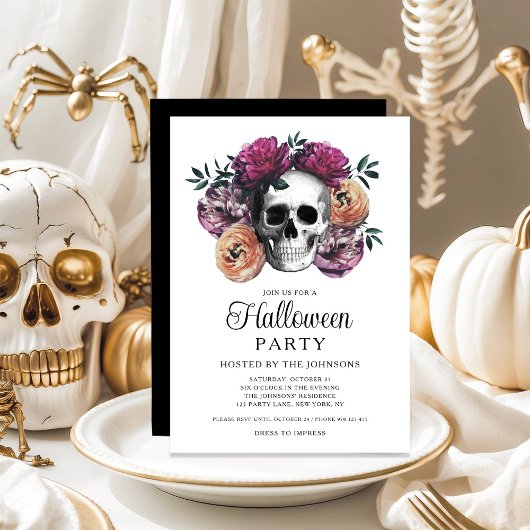 Elegant Gothic Floral Skull Halloween Einladung