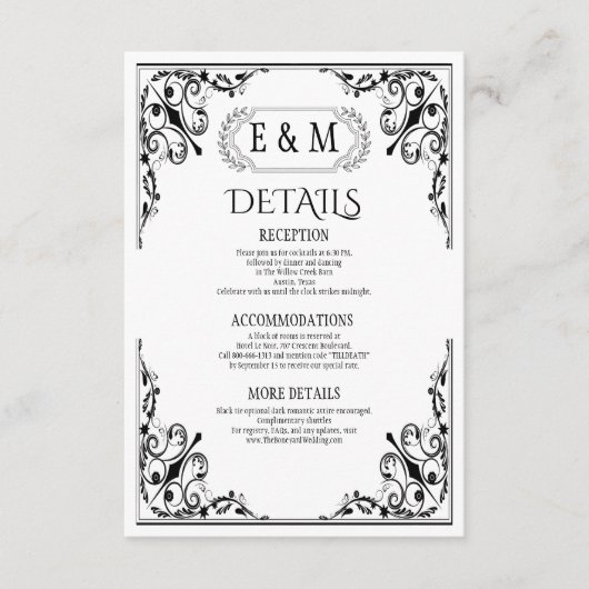 Elegant Gothic Monogram Wedding Details Begleitkarte (Vorderseite)