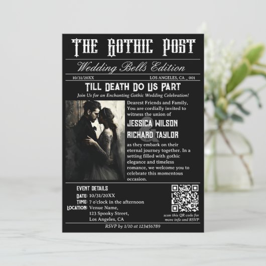 Elegant Gothic Newspaper Foto Black Wedding Einladung (Stehend Vorderseite)