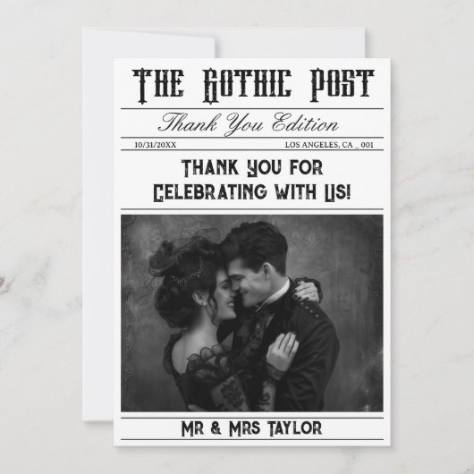 Elegant Gothic Newspaper Foto Vielen Dank Einladung (Vorderseite)