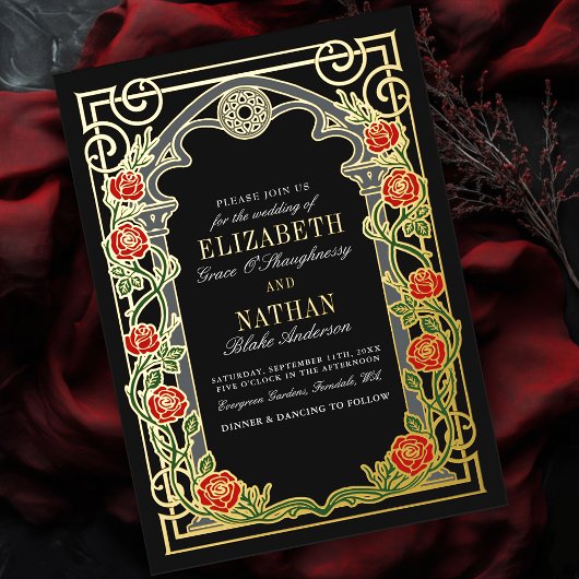 Elegant Gothic Roses Cathedral Frame Wedding Folieneinladung