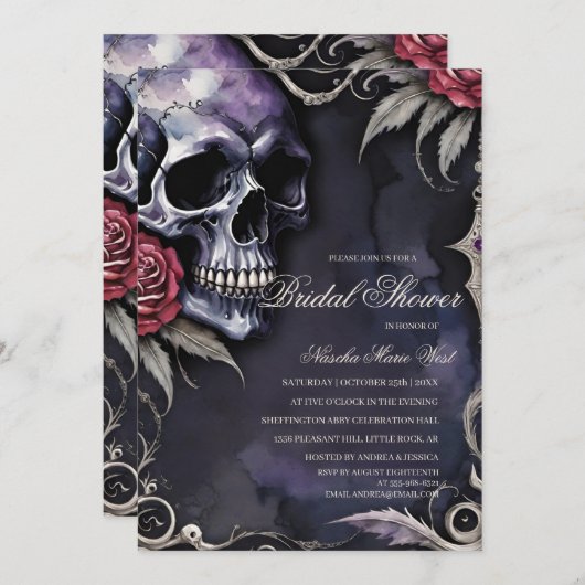 Elegant Gothic Skull & Red Roses Bridal Shower Einladung (Vorne/Hinten)
