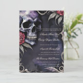 Elegant Gothic Skull & Red Roses Wedding Einladung (Stehend Vorderseite)