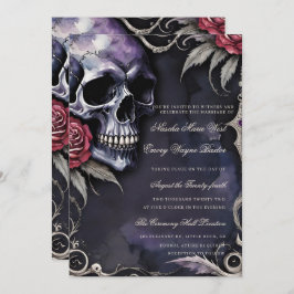 Elegant Gothic Skull & Red Roses Wedding Einladung