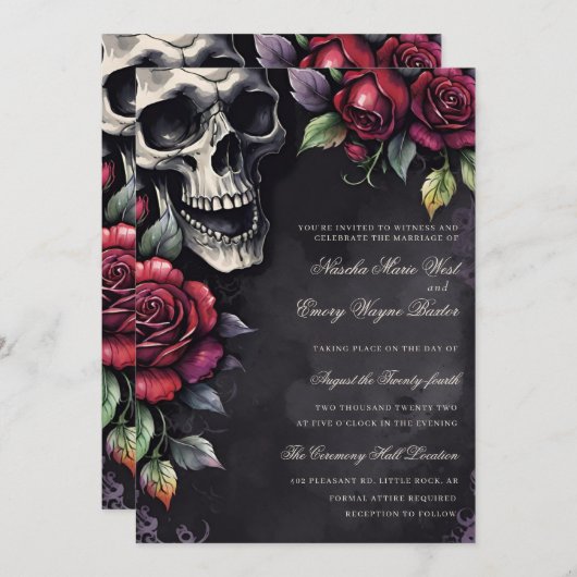 Elegant Gothic Skull & Roses Wedding Einladung (Vorne/Hinten)