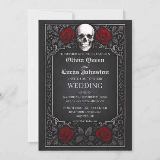Elegant Gothic Skull & Roses Wedding Invitation Einladung (Vorderseite)
