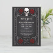Elegant Gothic Skull & Roses Wedding Invitation Einladung (Stehend Vorderseite)