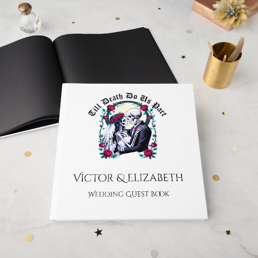 Elegant Gothic 'Till Death' Skelett Hochzeit Gästebuch (Vorderseite offen)