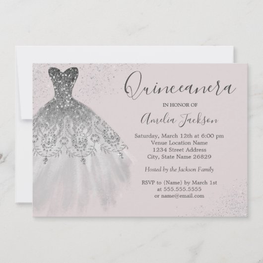 Elegant Gown Dusty Pink Quinceanera Einladung (Vorderseite)