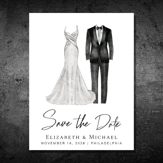 Elegant Gown Tuxedo Watercolor Ankündigungspostkarte