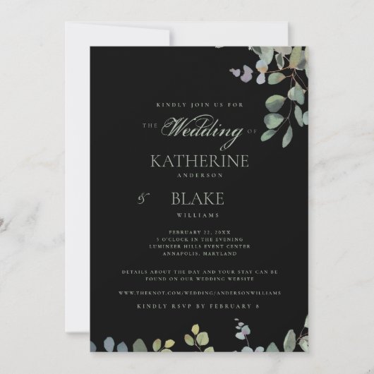 Elegant Grace Black Eucalyptus Website Wedding Einladung (Vorderseite)