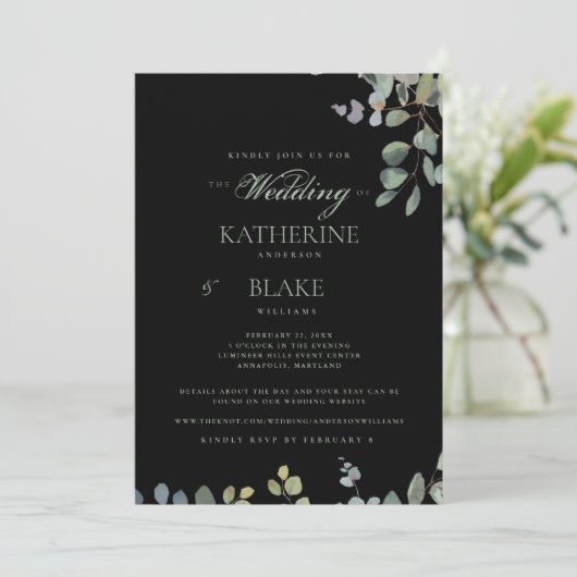 Elegant Grace Black Eucalyptus Website Wedding Einladung (Stehend Vorderseite)