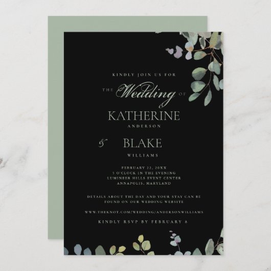Elegant Grace Black Eucalyptus Website Wedding Einladung (Vorne/Hinten)