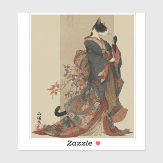 "Elegant Grace" Japanese Cat in Kimono Art Aufkleber (Blatt)
