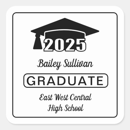 Elegant Grad Cap 2025 Graduate Black | Weiß Quadratischer Aufkleber (Vorderseite)