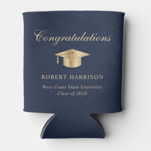 Elegant Grad Cap Blue Gold Graduation Party Dosenkühler (Vorderseite)