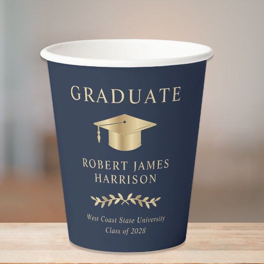Elegant Grad Cap Blue Gold Graduation Party Pappbecher