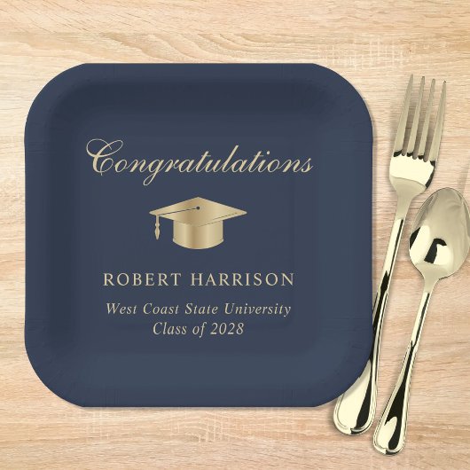 Elegant Grad Cap Blue Gold Graduation Party Pappteller