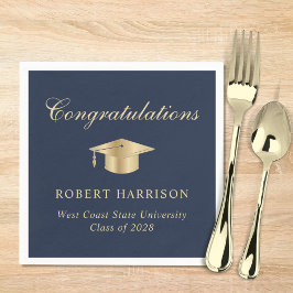 Elegant Grad Cap Blue Gold Graduation Party Serviette