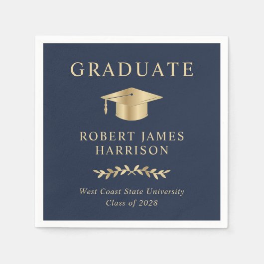 Elegant Grad Cap Blue Gold Graduation Party Serviette (Vorderseite)