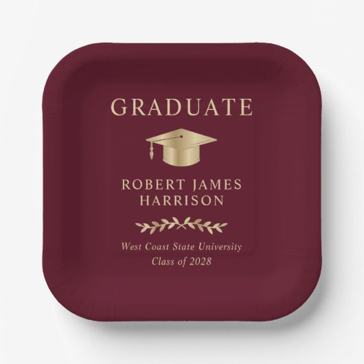 Elegant Grad Cap Burgundy Gold Graduation Party Pappteller (Vorderseite)