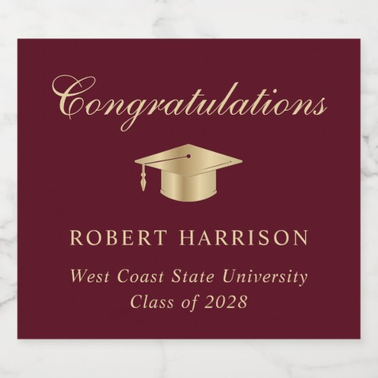 Elegant Grad Cap Burgundy Gold Graduation Party Schaumweinetikett (Einzelnes Label)