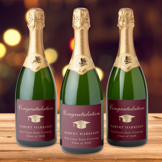 Elegant Grad Cap Burgundy Gold Graduation Party Schaumweinetikett