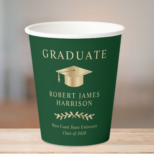 Elegant Grad Cap Green Gold Graduation Party Pappbecher