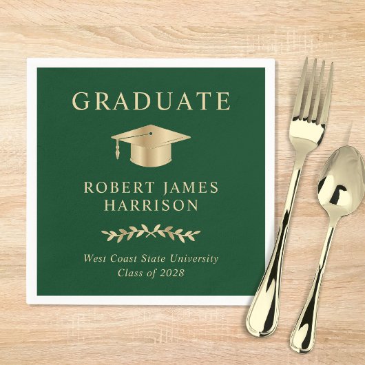Elegant Grad Cap Green Gold Graduation Party Serviette