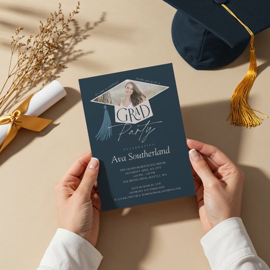 Elegant Grad Cap & Tassel Foto Graduation Party Einladung
