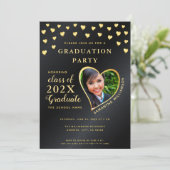 Elegant Grad Foto Black and Gold Abschluss Einladung (Stehend Vorderseite)