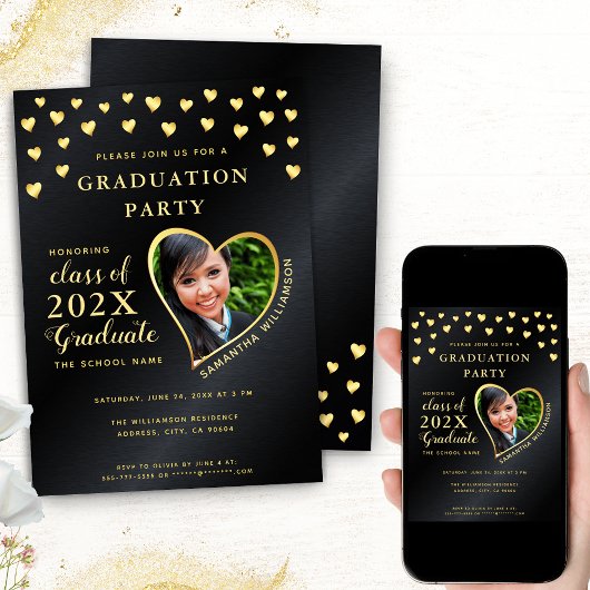 Elegant Grad Foto Black and Gold Abschluss Einladung