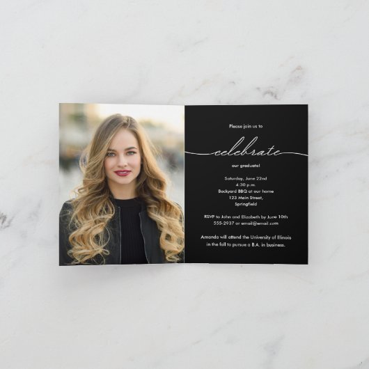 Elegant Grad Script Foto Abschluss Klein geklappt Einladung (Innenseite)