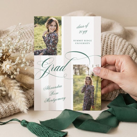 Elegant Grad Script French Stripe Photo Graduation Ankündigung