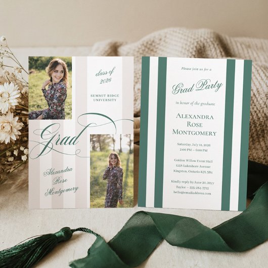 Elegant Grad Script French Stripe Photo Graduation Einladung