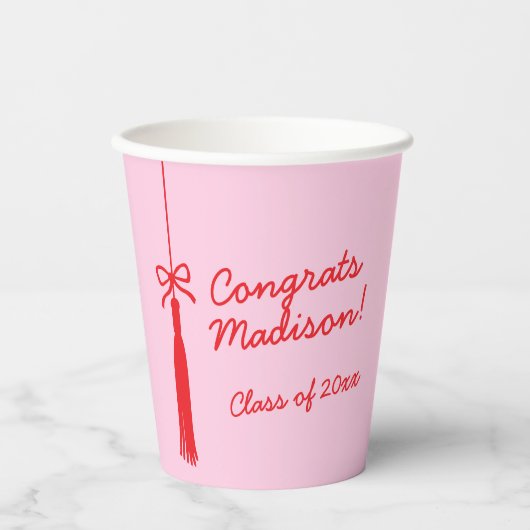 Elegant Grad Tassel Bow Pink Red 2025 Abschluss Pappbecher (Vorderseite)