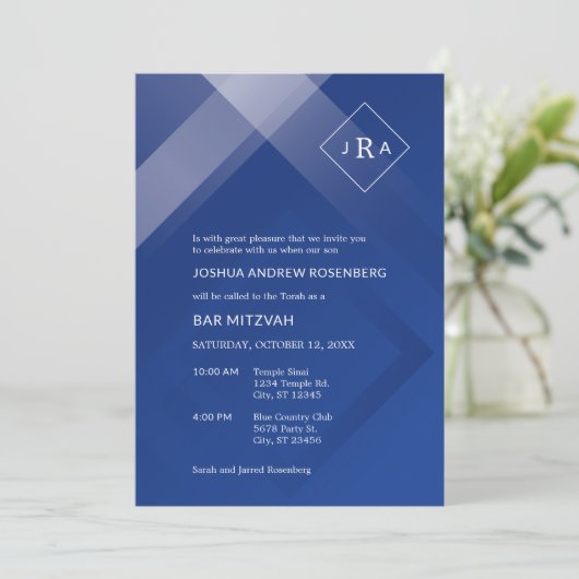 Elegant Gradient Monogram Bar Mitzvah Einladung (Stehend Vorderseite)