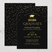 Elegant Graduate 2025 Black Gold Confetti Einladung (Vorne/Hinten)