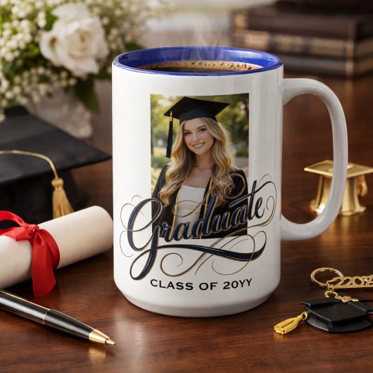 Elegant Graduate Script Artwork with Photo Feature Tasse