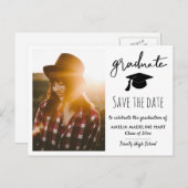 Elegant Graduate Script Save the Date Grad Foto Ankündigungspostkarte (Vorne/Hinten)