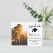 Elegant Graduate Script Save the Date Grad Foto Ankündigungspostkarte (Stehend Vorderseite)