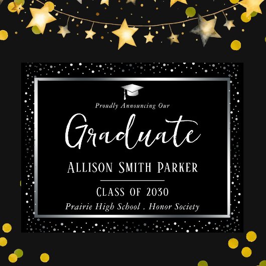 Elegant Graduation Announcement Black and Silver Postkarte