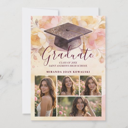 Elegant Graduation Cap 5-Photo Collage Floral Einladung (Vorderseite)