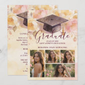 Elegant Graduation Cap 5-Photo Collage Floral Einladung (Vorne/Hinten)