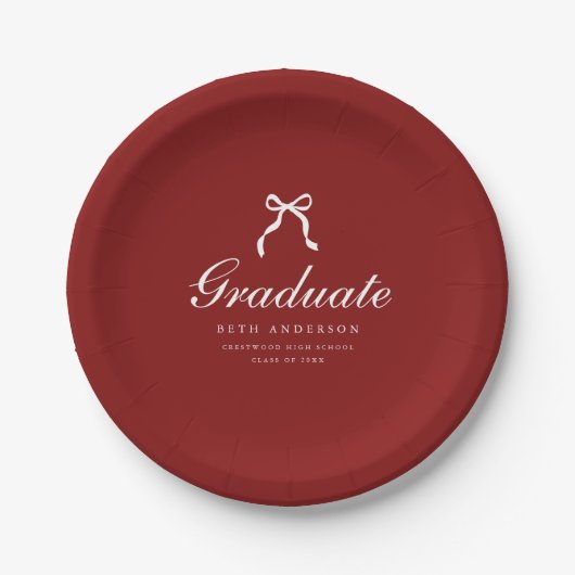 Elegant Graduation Party Wine Red Coquette Bow Pappteller (Vorderseite)