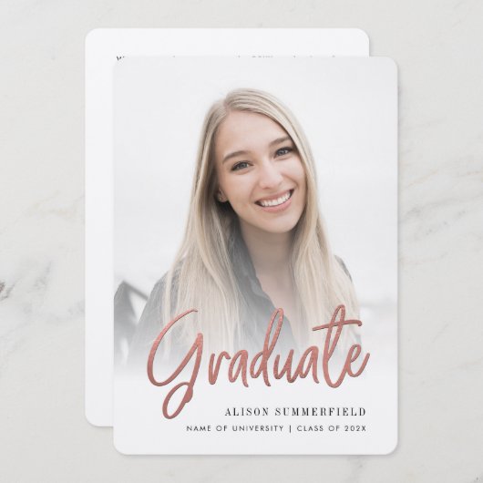 Elegant Graduation Script 2 Photos Announcement Einladung (Vorne/Hinten)